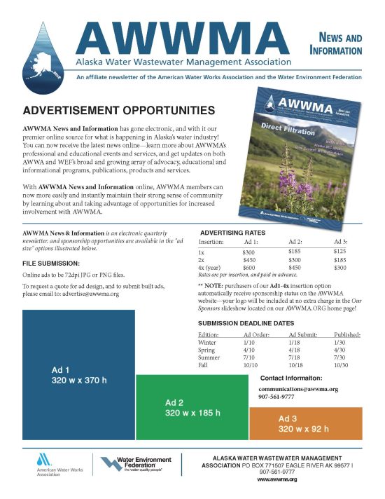 Promote your business in the AWWMA electronic newsletter for Alaska water management opportunities.