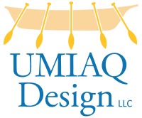 UMIAQ Design LLC logo featuring a boat, paddles, and modern, inviting typography.