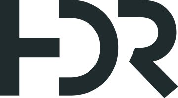 Bold HDR acronym graphic design in modern minimalist style on a white background.