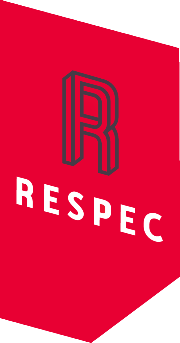 Bold RESPEC design in red showcases modern typography and a striking letter R.