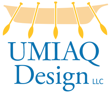 UMIAQ Design LLC logo featuring a boat, paddles, and modern, inviting typography.
